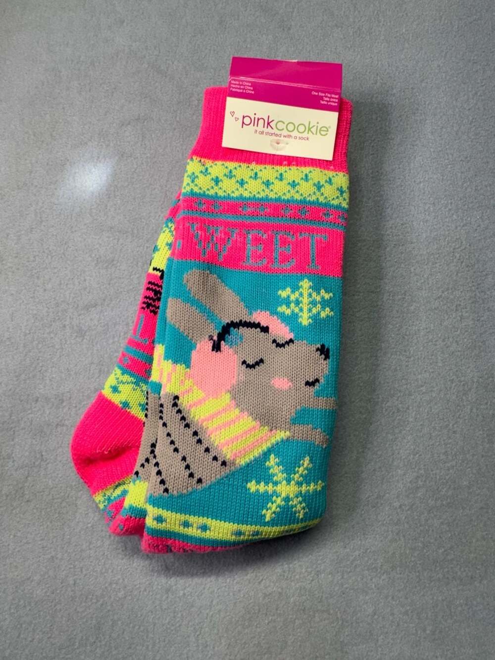 Pink Cookie Knit Bunny Sweet Print Crew Socks